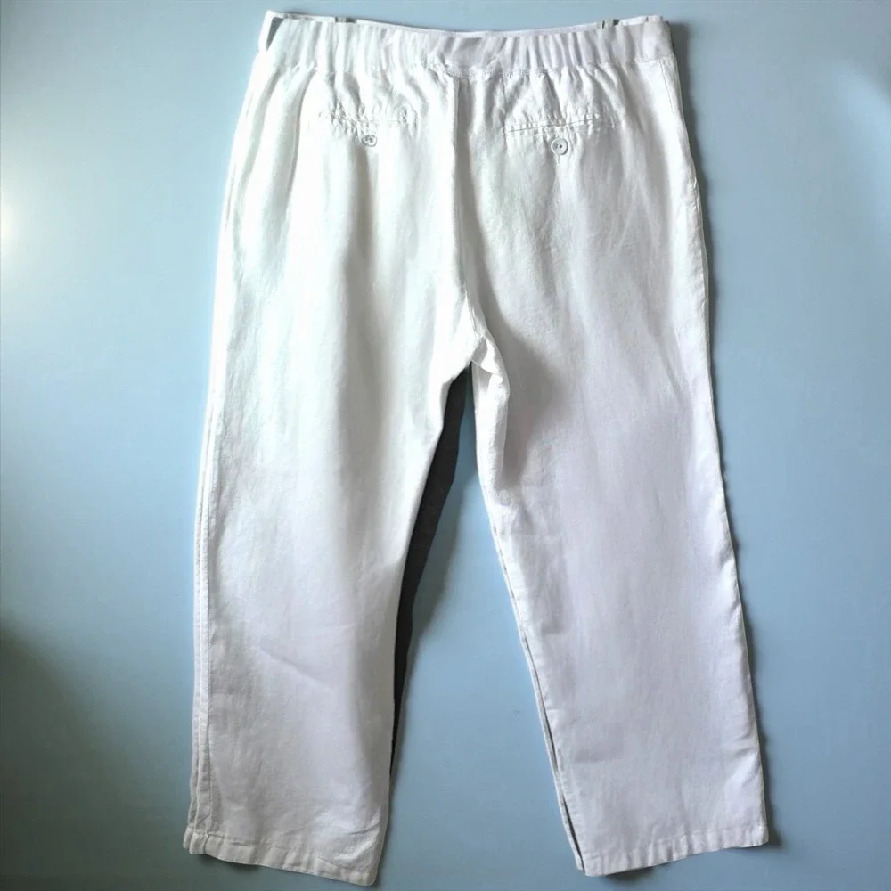 White Linen Paperbag Pants L XL Wide Leg Ankle Coastal Minimalist